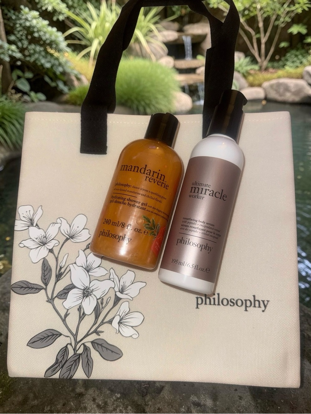 Philosophy hydrating, shower, chill, and resurfacing body serum.